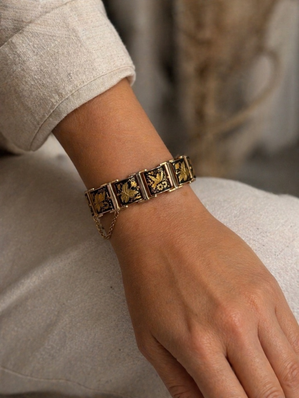 Mid-century Damascene Panel link Bracelet with safety chain